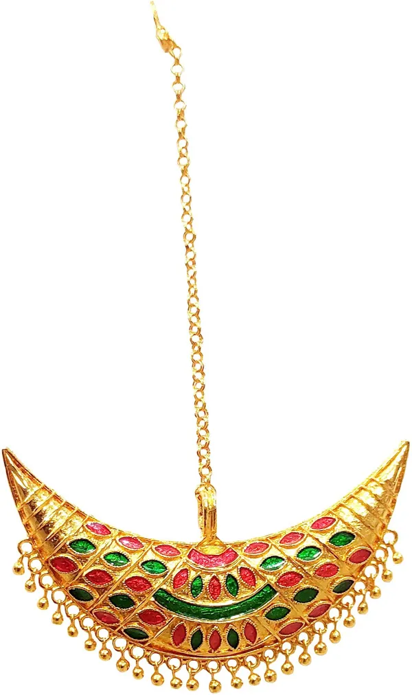 Assamese_Traditional_Copper_Gold_Plated_Red_Green_Colour_Maang_Tikka_For_Women